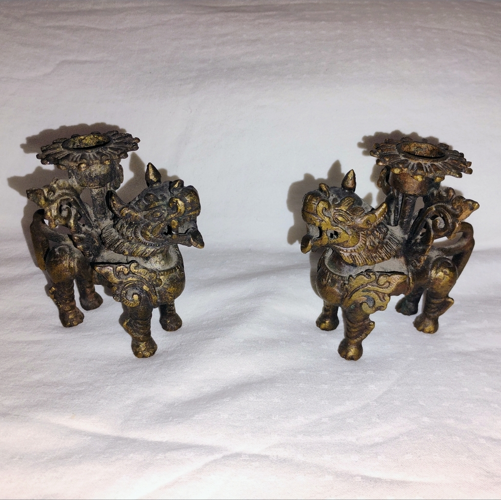 Pair of Antique Qing Dynasty Bronze Foo Dog Statues Votives 3 in X 4 in X 10 oz